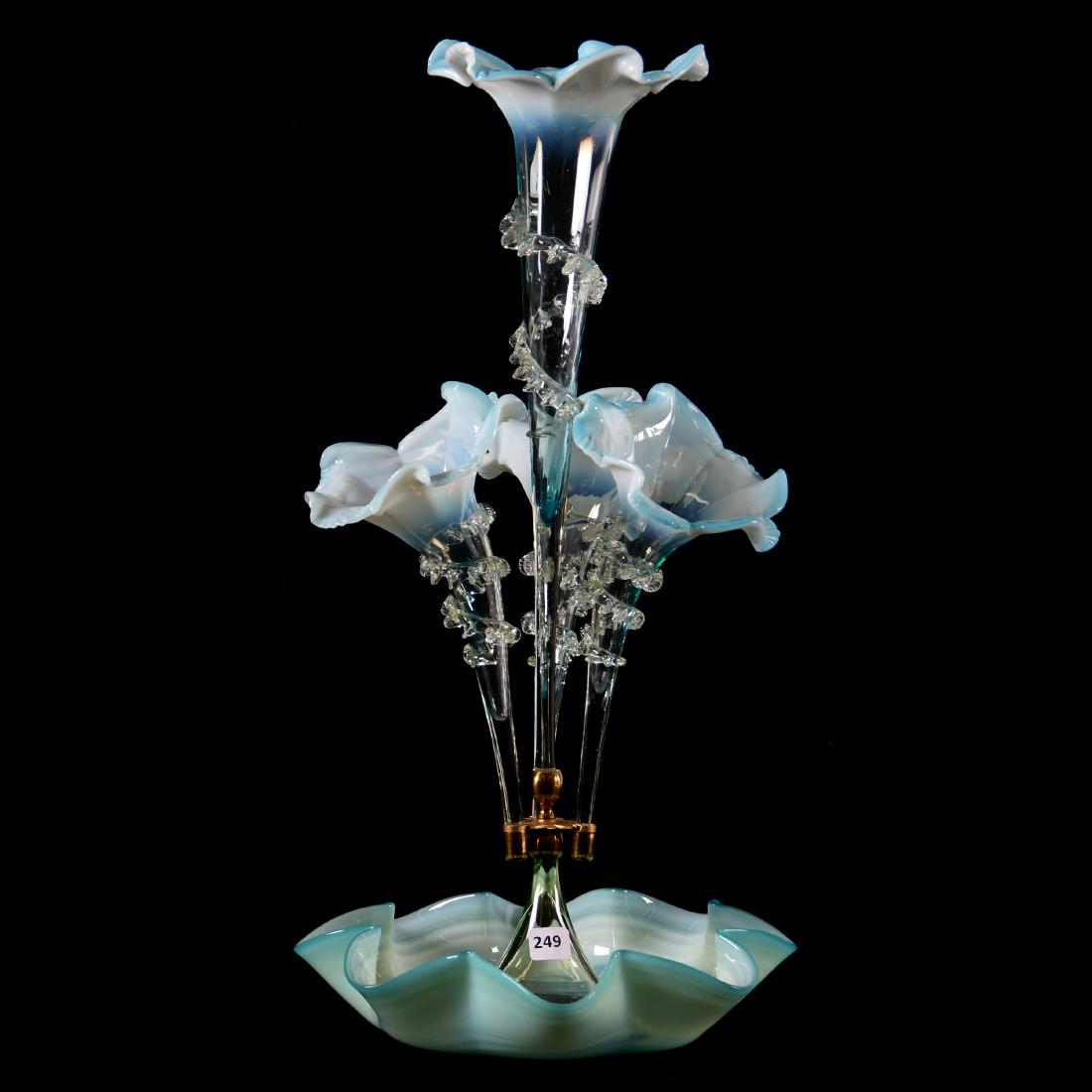 Epergne, Four Lily, Blue & Vaseline Opal: Four Lily Blue & Vaseline Opal Epergne, 21" X 11" Beautiful Coloring, and Form, One of Small Vases Is Missing Small Tail of Rigaree