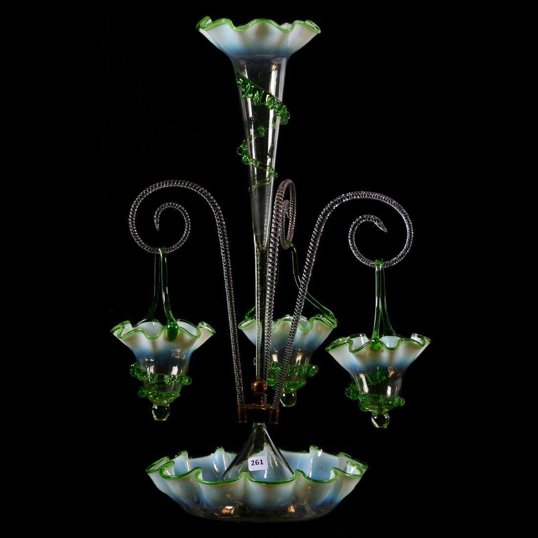 Epergne, Single Lily, Green Opalescent: Victorian Art Glass Epergne, 23" Green Opalescent Single Lily with Three Baskets Hanging from Candy Cane Stems