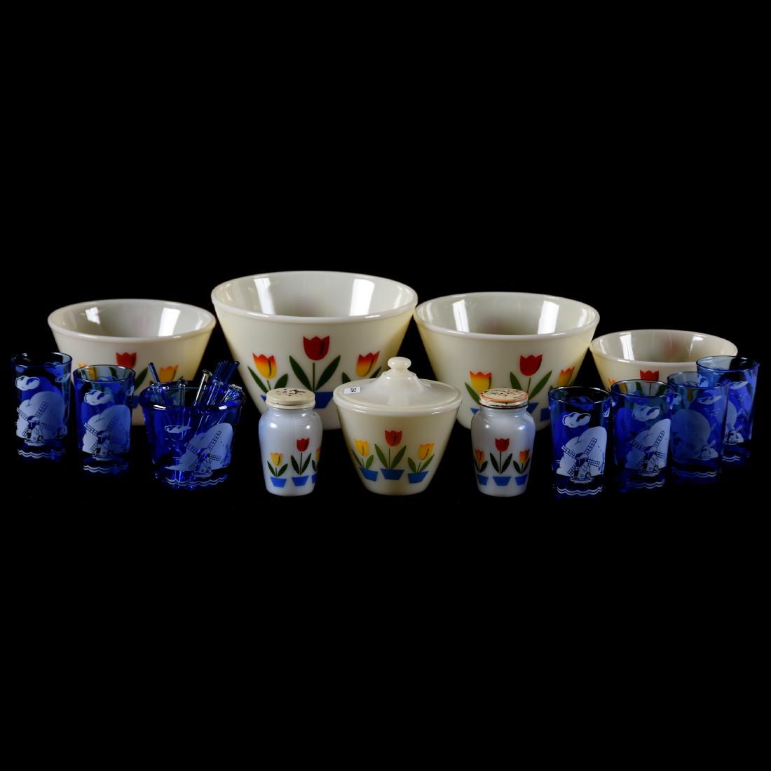 (7) Cookware & Barware Items, Fire King & Ritz: (7) Fire King Cookware Items & Ritz Blue Barware Fire King Cookware Includes Four Stackable Bowls from 9.5" to 6.5, Covered Jar, Salt & Pepper, Ritz Blue Hazel Atlas Barware Includes; (6) 4.5" Tumbler