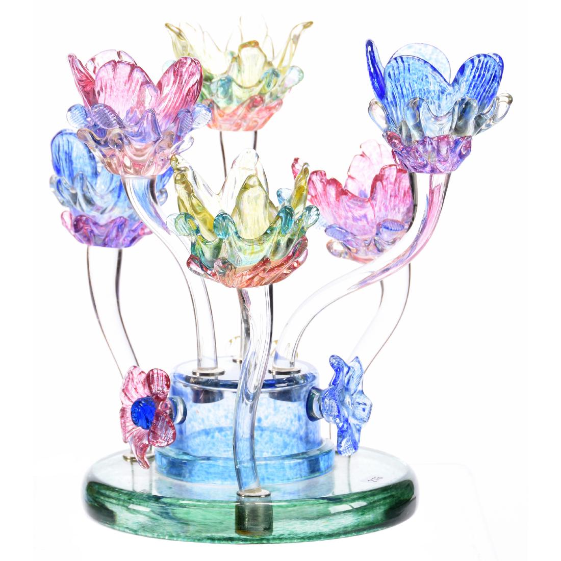 Modern Epergne, Floral, Blossom: Unique Modern Art Glass Floral Epergne, 12"; (6) Removeable Floral Blossom Stems, Heavy Glass Base, Very Colorful, One Repair on Underneath Side of Glass Base
