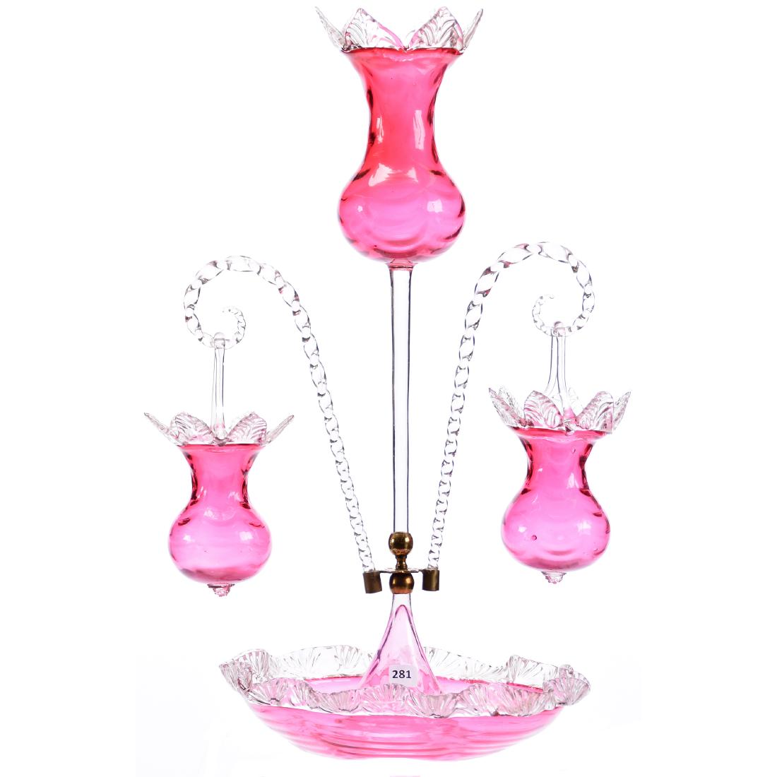 Epergne, Single Lily, Cranberry: Victorian Cranberry Art Glass Epergne, 22" Single Lily with Two Corset Shaped Hanging Baskets and Matching Center Lily, Most Unusual