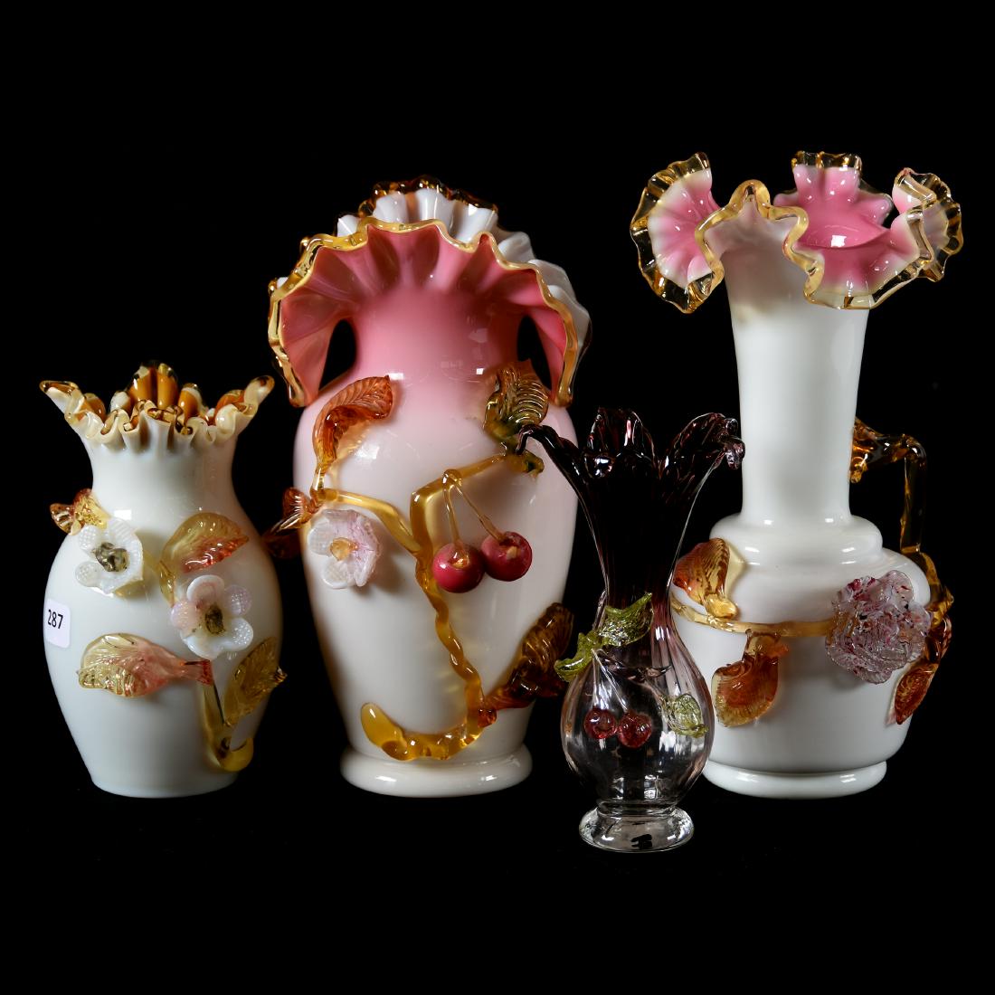 (4) Vases, Stevens & Williams: (4) Stevens and Williams Art Glass Vases; (1) 10" White with Applied Floral Blossom and Branch Decor, Pink Interior; (1) 9.5" Peachblow with Applied Cherry Decor, One Leaf Has Professional Polish; (1)