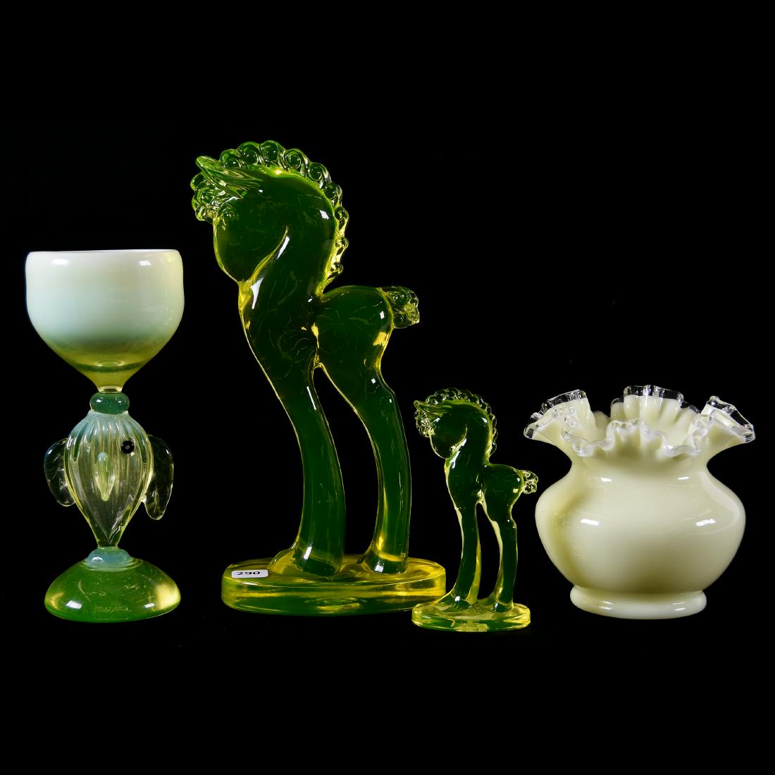 (4) Items, Vaseline: (4) Vaseline Art Glass Items; (1) 11.5" Marked Mosser Horse Figure; (1) 5.5" Marked Mosser Horse Figure, Matches Larger Horse; (1) Modern Art Glass Goblet with Vaseline Opalescent Fish Stem, Dated 200