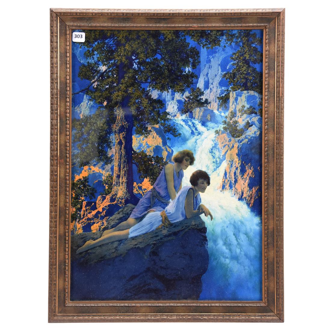 Edison Mazda Top, Maxfield Parrish, "The Waterfall": Original Framed Maxfield Parrish "The Waterfall" Top to Edison Mazda Calendar, 22" X 16.5" Overall Size