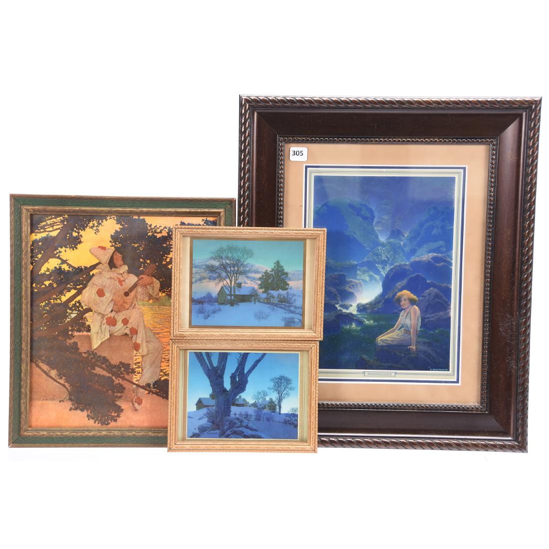 (4) Prints, Maxfield Parrish: (4) Maxfield Parrish Framed Prints; (1) "Moonlight" 18" X 15"; (1) "Pierrot's Serenade" 13" X 11"; (2) Framed Christmas Cards, "After Glow" and "Hilltop Farm/Winter"