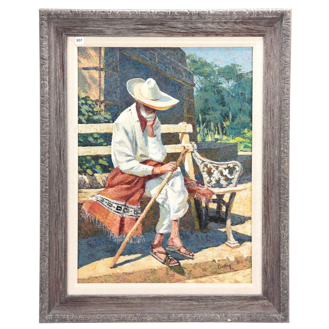 Oil on Board, Jack Dudley, Siesta: Original Oil on Board Painting by Jack Dudley Titled "Siesta" Depicting Old Man Sitting on Bench While Holding Cane, 24" X 18" Board Size, Original 30.5" X 24.5" Frame Overall Size; (Dudley, 1918,1996