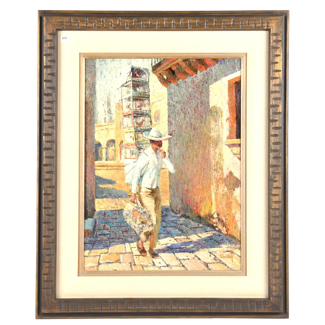 Oil on Board, Jack Dudley, Bird Vendor: Original Oil on Board Painting by Jack Dudley Titled "Bird Vendor" with Man Carrying Bird Cages Down City Street, 24" X 18" Board Size, 34" X 28" Overall Size; (Dudley, 1918,1996)