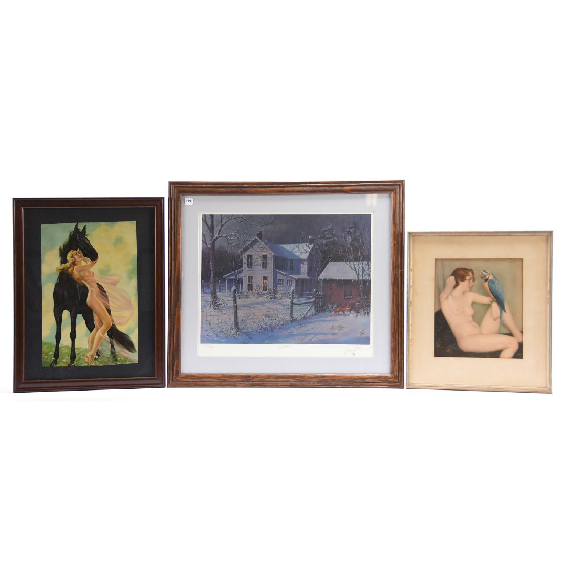 (3) Framed Prints: (3) Framed Prints; (1) Limited Edition by Lowell Davis Titled "Suppertime" #127 of 450, Overall Frame Size Is 21.5" X 25"; (1) Scene of Nude with Horse, Trimmed from Original, Overall Size 20" X 16" F