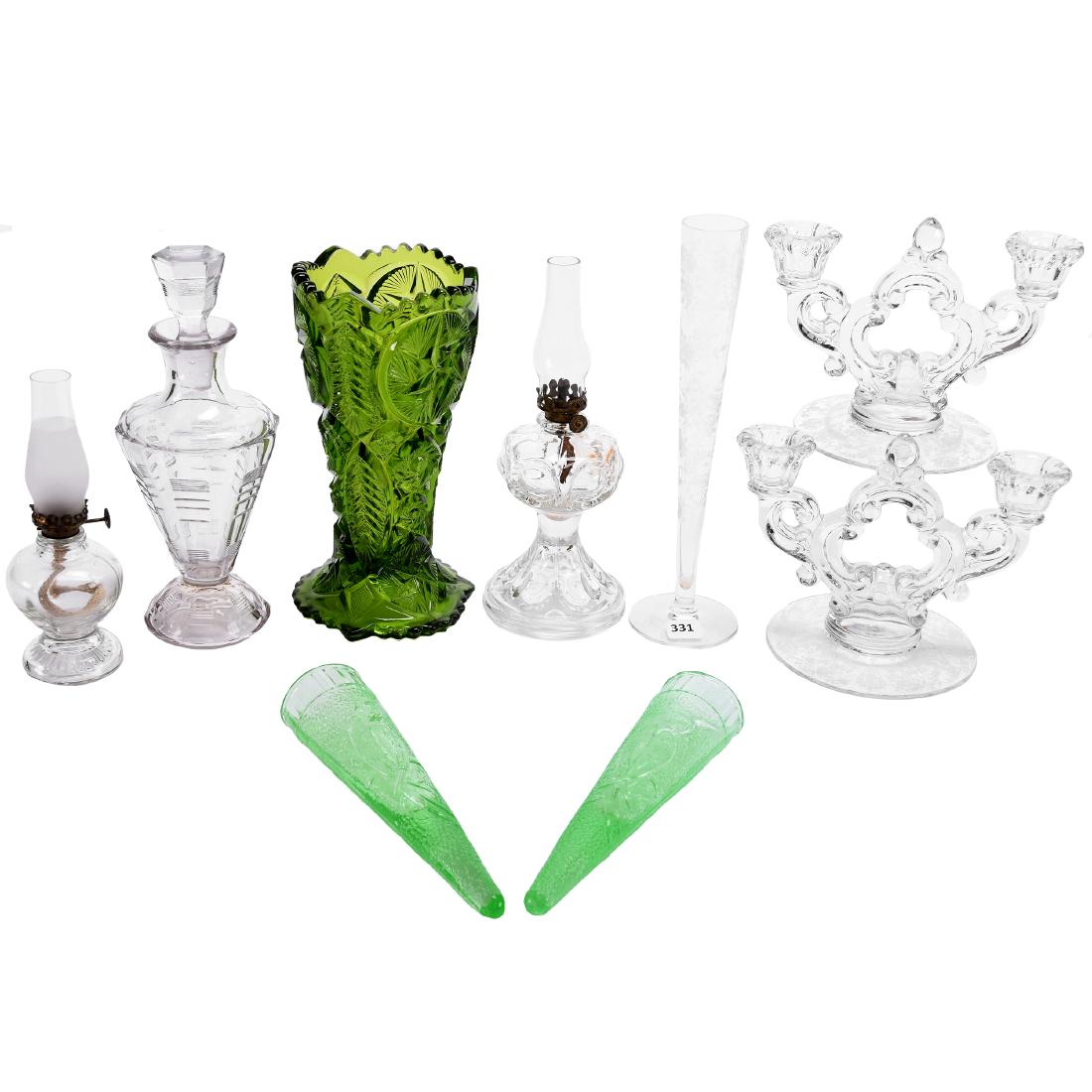 (8) Items, Pattern Glass: (8) Pattern Glass Items; (1) Cambridge 10.5" Bud Vase; (2) Cambridge 6" X 8" Double Candle Sticks; (2) Miniature Kerosene Lamps; (1) 9.5" Decanter; (2) Ice Green 8" Woodpecker Wall Pockets; (1) 9" Sol