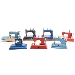 (7) Child's Toy Sewing Machines: (7) Child's Toy Sewing Machines; (1) Sew Mistress, made in Japan, Battery Operated; (2) Junior Miss; (2) Sew Master; (1) "Ca5ige"; (1) Vulcan Junior, See Photos for Details