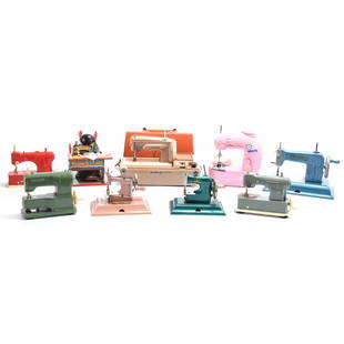 (8) Child's Toy Sewing Machines: (8) Child's Toy Sewing Machines; (1) Sew Cute, Model Sc#20; (1) Electric Singer in Case; (1) Necchi; (1) Elna; (1) "Ca5ige" Germany British Zone; (1) Sew Master, Berlin, U.S. Zone; (2) Necchi, One