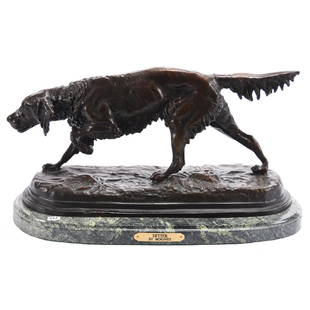 Bronze, Moigniez, "Setter": Original Bronze Titled "Setter" by Moigniez 7.5" X 21" Mounted on Green Marble Base with Brass Placard, Some Separation Near Tail, Nice