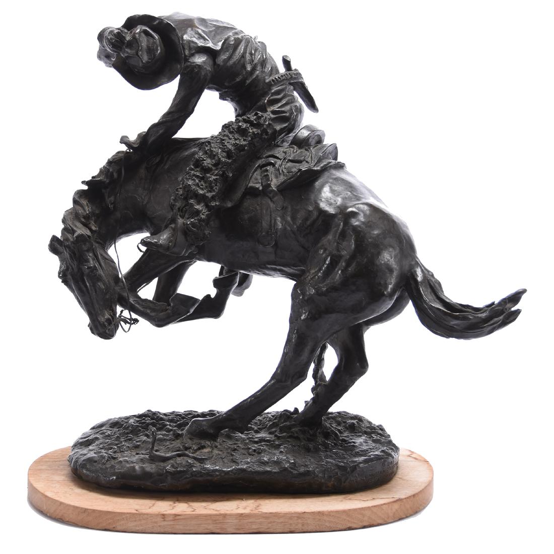 Bronze, Fredric Remington, "The Rattlesnake": Bronze Titled "The Rattlesnake" by Fredric Remington Reproduction, 19" X 17" 1981 Limited Edition Model Made for Buffalo Bill Historical Center, Certificate Included for #154 of 1000, Mounted on Woode