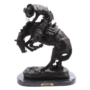 Bronze, Fredric Remington, "The Rattlesnake": Bronze Titled "The Rattlesnake" by Fredric Remington Reproduction, Limited Edition #17 of 100, 22.5" X 17" Mounted on Gray Marble Base with Brass Placard