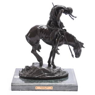 Bronze, Fraser, "End of Trail": Bronze Titled "End of Trail" by Fraser Reproduction, Mounted on Green Marble Base, 15" X 12.5" Brass Placard
