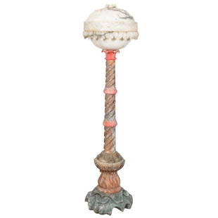 Domed Floor Lamp, Carved Alabaster: Fabulous 66" X 15" Carved Alabaster Domed Floor Lamp Elaborate Color Tinted Base of Green, Pink and Gray Tones Featuring Leaf and Swirl Design, Removable Dome Top, White and Gray, Single Bulb, Circa