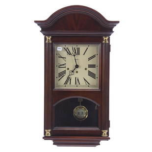 Wall Clock, Howard Miller: Howard Miller Wall Clock, 29" X 17" Model #612,224, with Chimes, Pendulum and Key, Circa 1990