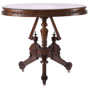 Oval Parlor Table, Walnut: Victorian Walnut Oval Parlor Table 29" Height X 34" Width X 25" Depth, Three Legs, Burl Walnut Highlights. UPDATED 8/23/19 - This item must be picked up in person or shipped via a professional