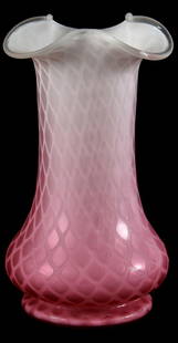 Pink Satin Diamond Quilted MOP Art Glass Vase: Pink Satin Diamond Quilted MOP Art Glass Vase, 11.5" Polished Pontil