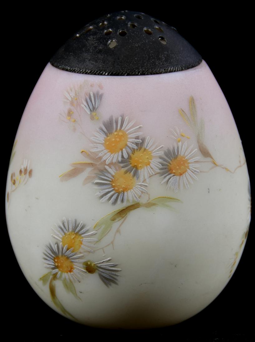 Mt. Washington Art Glass Sugar Shaker: Mt. Washington Art Glass Sugar Shaker, 4.5" Egg Shape, Burmese with Enamel Daisy Decor