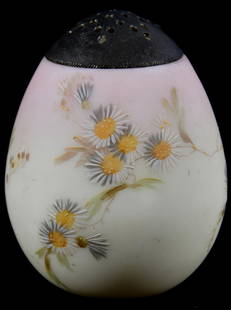 Mt. Washington Art Glass Sugar Shaker: Mt. Washington Art Glass Sugar Shaker, 4.5" Egg Shape, Burmese with Enamel Daisy Decor