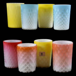 (8) Mother of Pearl Satin Art Glass Tumblers: (8) Mother of Pearl Satin Art Glass Tumblers Diamond Quilted; (3) Yellow Satin; (2) Apricot; (2) Blue; (1) Pink, Outside Rim Chip