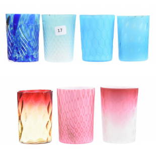 (7) Art Glass Tumblers: (7) Art Glass Tumblers; (4) Satin Glass, Cut Velvet Honeycomb; (2) Diamond Quilted Satin; (Blue & Pink), Blue Cased Swirl, Amberina; (Rim Chip)
