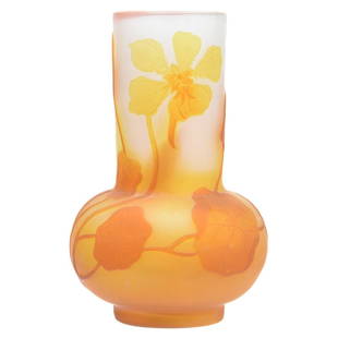 French Cameo Art Glass Vase Signed Galle: French Cameo Art Glass Vase Signed Galle, 5.5" Frosted Amber and Pink Tones, Cameo Carved Floral Decor