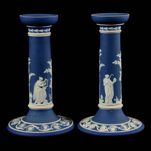 Pair Marked Wedgwood M.I.E. Candlesticks: Pair Marked Wedgwood M.I.E. Candlesticks, 8" Classic Blue and White Design
