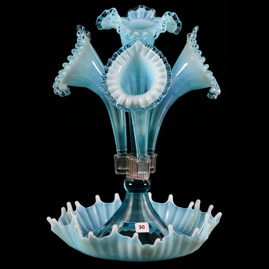Blue Opal Art Glass Four Lily Epergne: Blue Opal Art Glass Four Lily Epergne, 16" X 11.5"