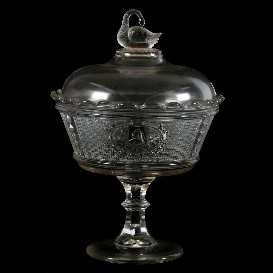 Swan Pattern Glass Covered Compote: Swan Pattern Glass Covered Compote, 11.5" X 8" Full Figure Swan Finial, Embossed Swan and Block Pattern