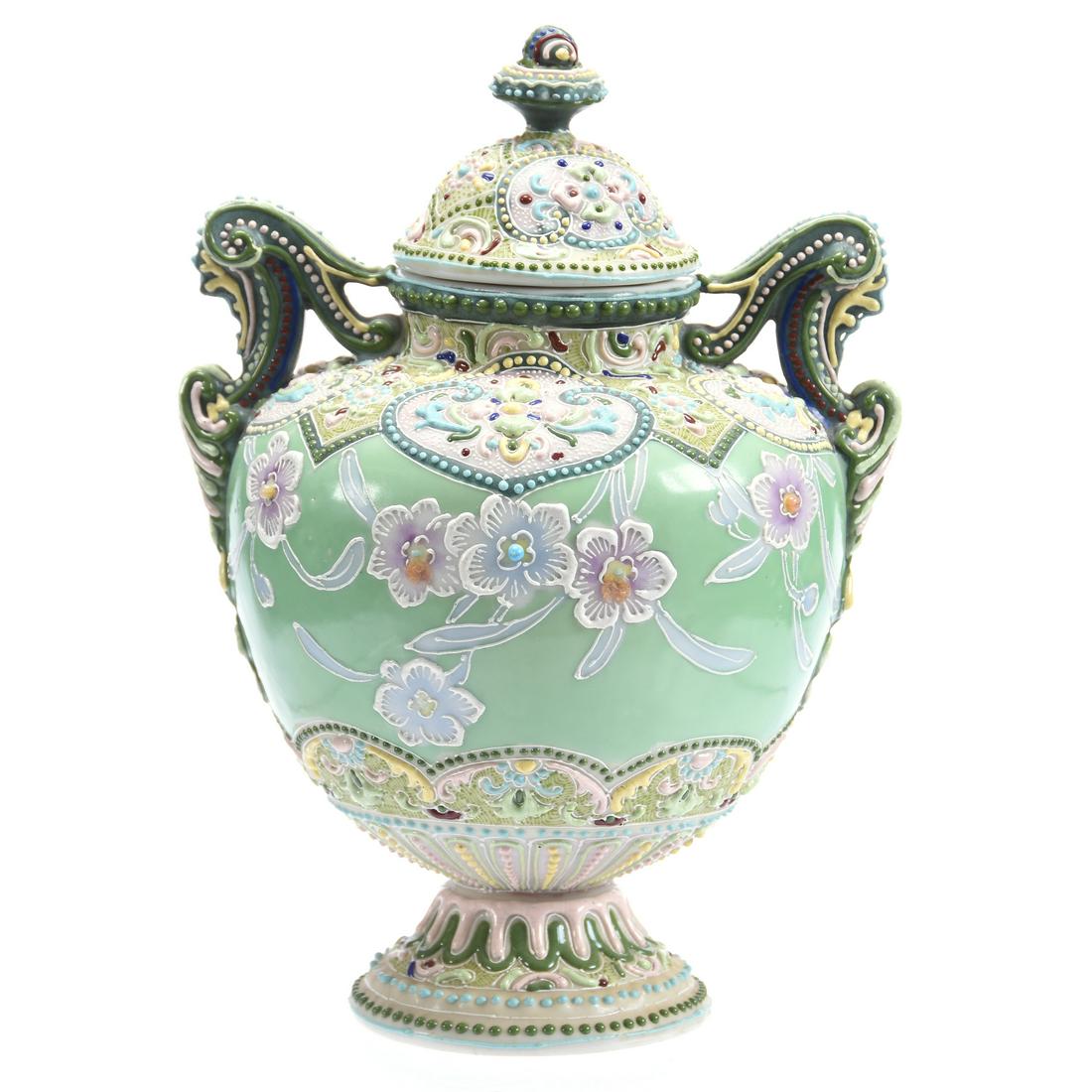 Unmarked Nippon Two Handled Covered Urn: Unmarked Nippon Two Handled Covered Urn, 8" Green with Extensive Moriaga and Enamel Overlay