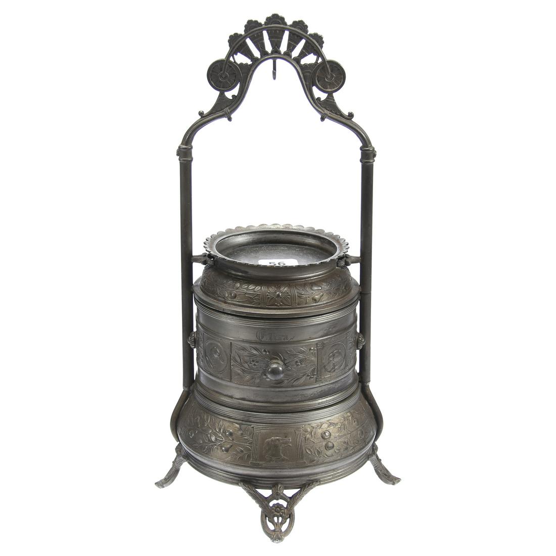 Victorian Silverplate Jewelry Stand: Victorian Silverplate Jewelry Stand, 11" Reed and Barton #320, Swivel Mid-Section with Original Silk Lining, Embossed Dog Medallions with Fruit Highlights, Needs Polished