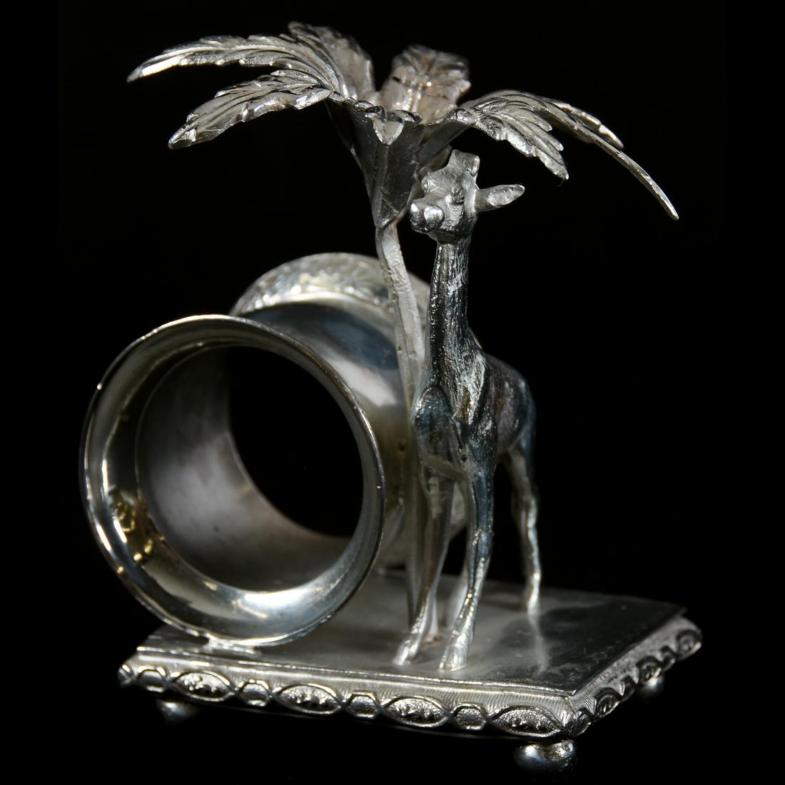 Silverplate Napkin Ring: Victorian Silverplate Napkin Ring, 4.5" X 3.5" Rockford #145, Giraffe Under Palm Tree, One Leaf Has Been Repaired, Napkin Ring Has Been Replated