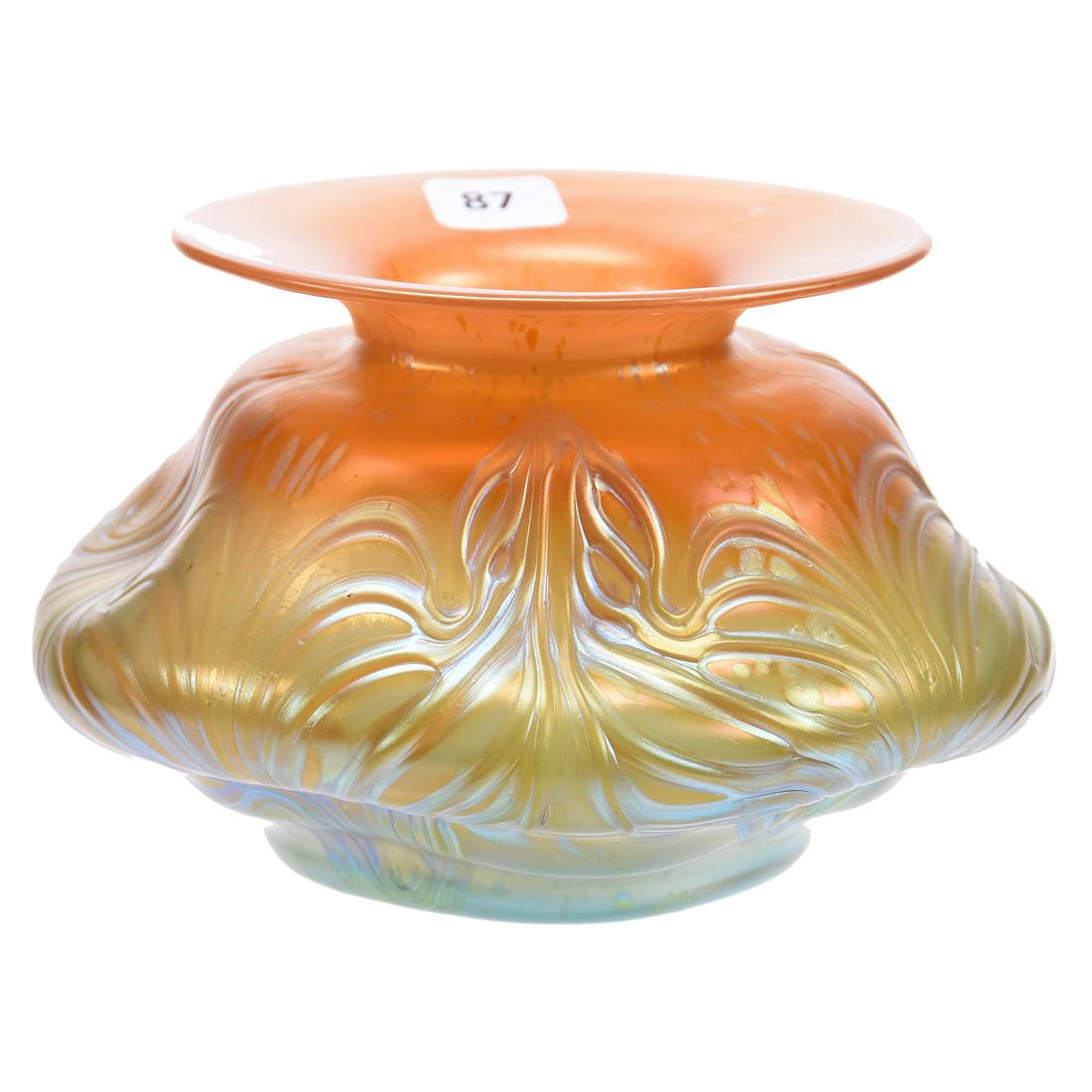 Loetz Austria Art Glass Vase: Loetz Austria Art Glass Vase, 4.25" X 7" Formosa Pattern, Unique Butterscotch Shading to Aqua, Nice Iridescence, Polished Pontil, Circa 1902