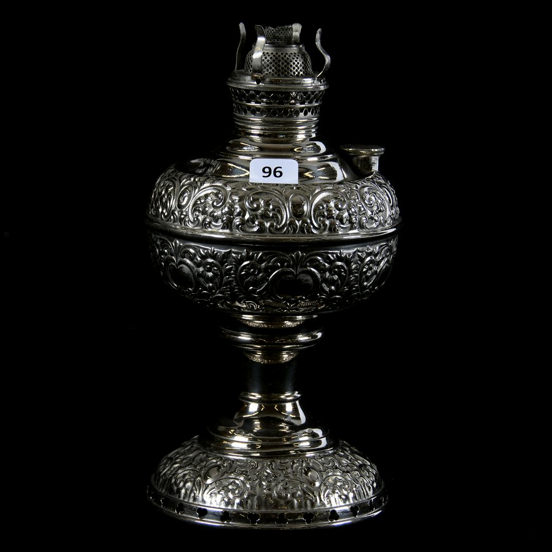 Silverplate Kerosene Lamp Marked Miller: Silverplate Kerosene Lamp Marked Miller, 9" Embossed Floral and Scroll Design