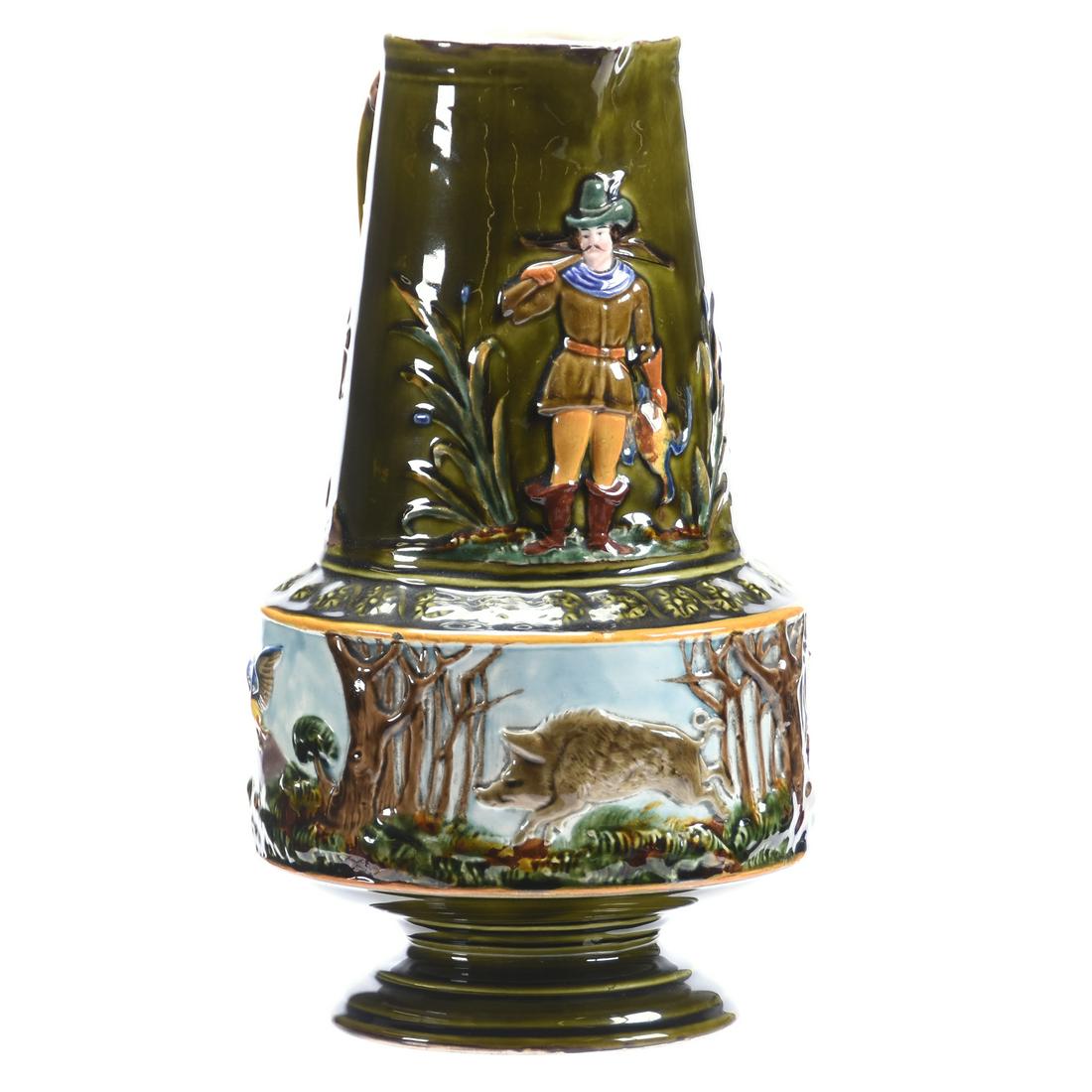 Schutz Blansko Majolica Pedestal Tankard: Schutz Blansko Majolica Pedestal Tankard, 12.5" Dark Green with Embossed Wild Boar, Game Bird and Hunter Decor, Model #423, Nice Quality