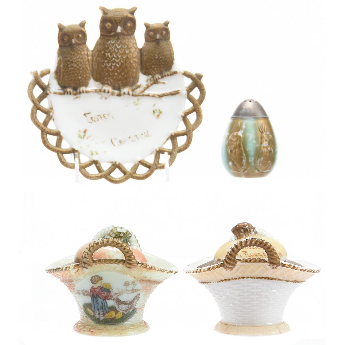(4) Milk Glass Items: (4) Milk Glass Items Including (1) 7.25" Plate with Three Owls; (1) 3.25" Egg Shaped Shaker with Rabbit Decor; (2) 4.25" X 5" Chick in Egg Covered Baskets, All Items Have Painted Highlights