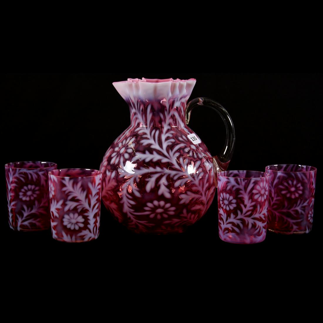 Cranberry Opalescent Art Glass Water Set: Cranberry Opalescent Art Glass Water Set, 8.75" Pitcher, Daisy and Fern Pattern, Four Matching Tumblers, Nice Color