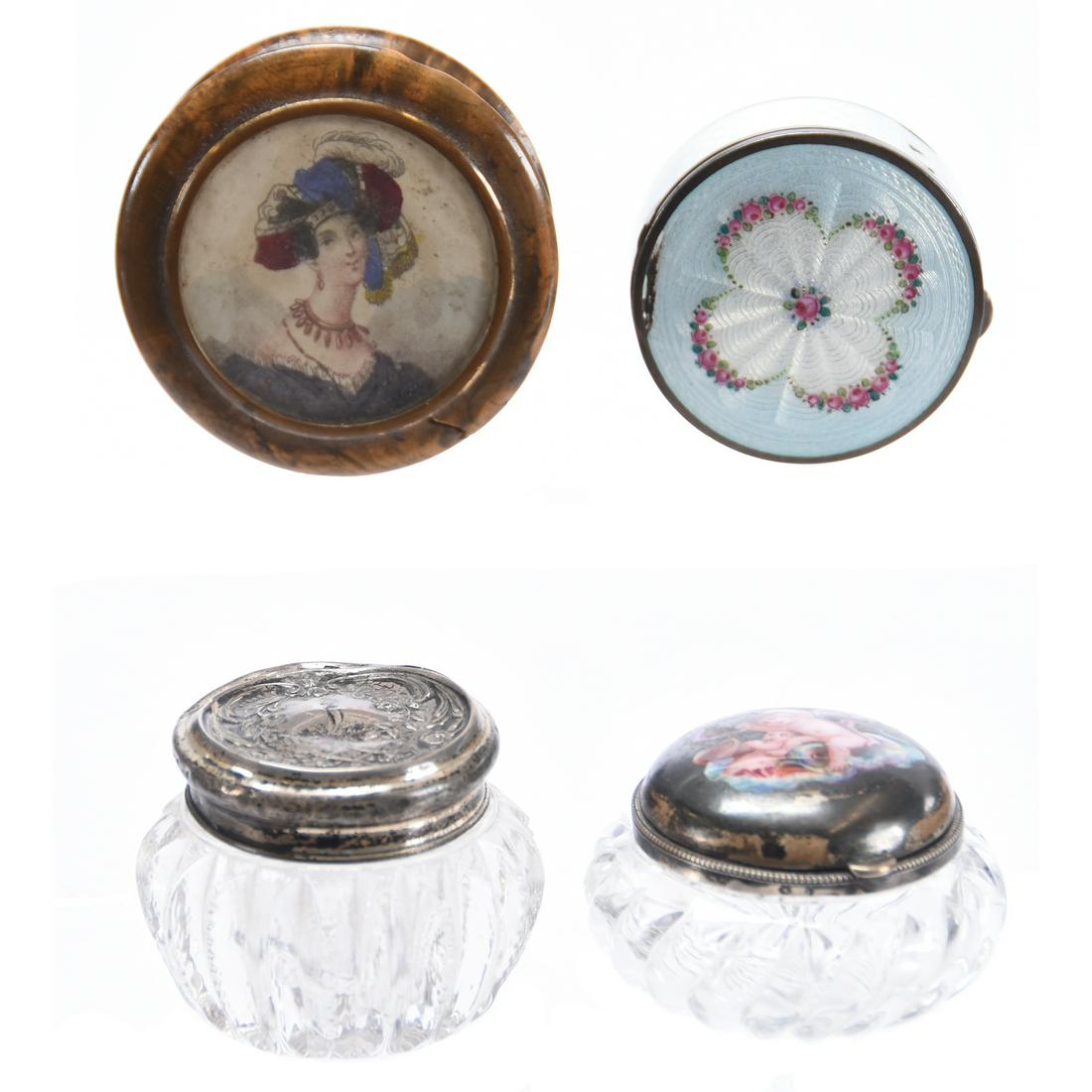 (4) Assorted Pill Boxes: (4) Assorted Pill Boxes; (1) Similar to Tortoise Shell or Burl with Portrait, Rim Crack; (1) Prism Cut Body with Sterling Lid; (1) French Enamel, Two Nicks on Side; (1) Clear Swirl Glass with Hinged S
