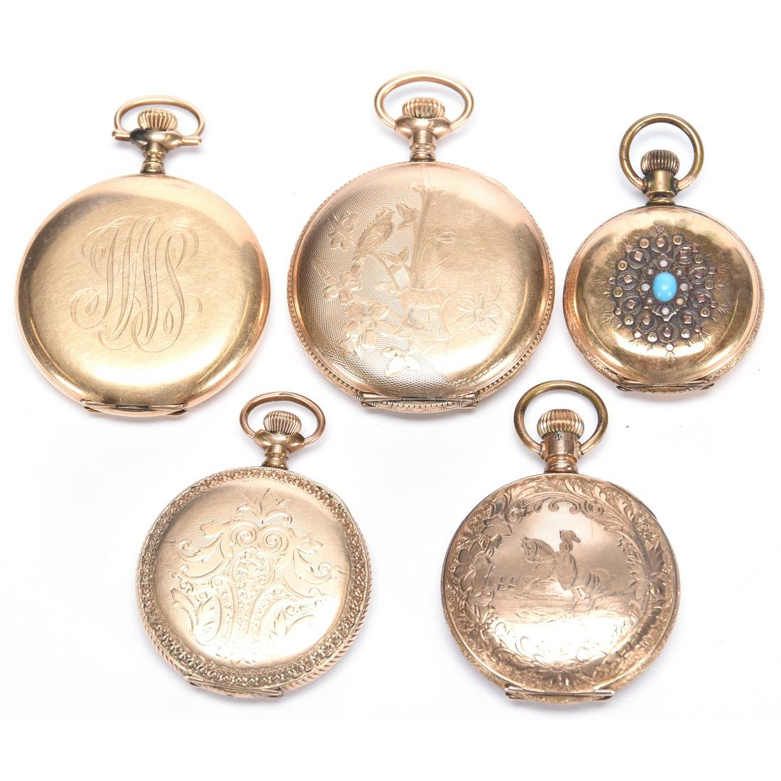 (5) Pocket Watches: (5) Pocket Watches Including (1) Elgin, Serial #6628479; (1) Elgin, Original Paper Label in Case, Serial #3611084; (1) Elgin, Serial #10045625; (1) Elgin, 15 Jewel, Serial #12509336; (1) Betsy Ross, S