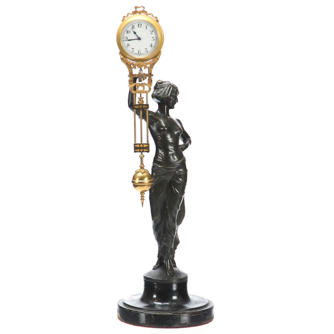 Junghans Germany Swing Arm Clock: Junghans Germany Swing Arm Clock, 16" Full Figure Woman on Ebony Base