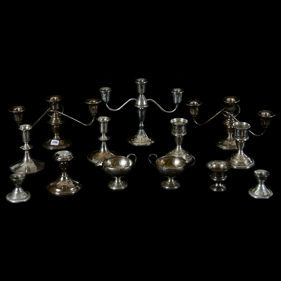 (13) Sterling Silver Items, Weighted Bases: (13) Sterling Silver Items with Weighted Bases, Sizes Range From 7.5" to 2.5, Includes Four Pair of Candlesticks, Creamer & Sugar Set, Toothpick Holder, Two Mismatched Candlesticks