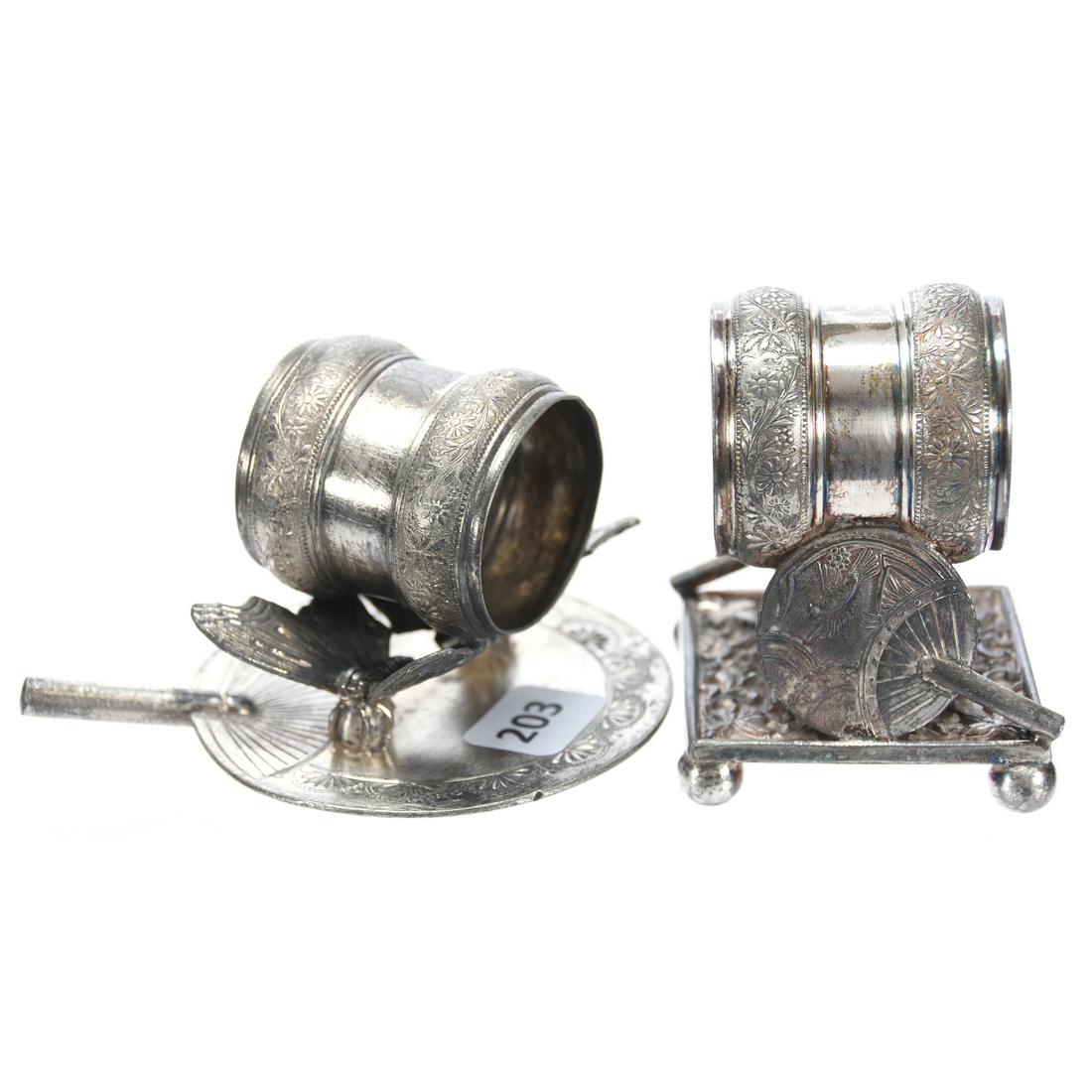 (2) Figural Silverplate Napkin Rings: (2) Figural Silverplate Napkin Rings Including (1) Meriden #208, Butterfly and Paddle Fan Design; (1) Rogers Smith #209, Butterflies and Paddle Fan Design