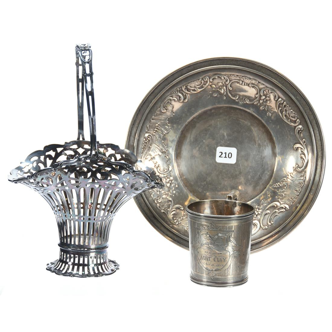 (3) .800 (Coin) Silver Items: (3) .800; (Coin) Silver Items Including (1) 8.5" Plate Marked Austria; (1) 9.5" Reticulated Basket; (1) 3" Mug Marked "Coin" Dated 1865, Engraved "From Aunt Elvy" 580 Grams Total Weight of Items