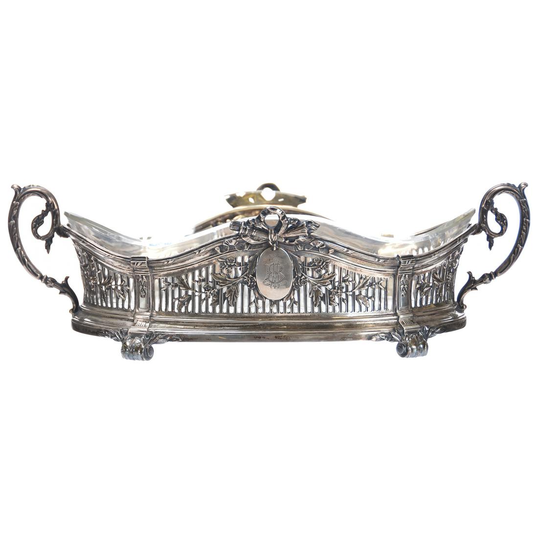 Continental .800 Silver Serving Dish, Glass Insert: Continental .800 Silver Serving Dish with Glass Insert, Silver Stand Has Beautiful Reticulated Border with Ornate Design and Monogram, Clear Glass Insert, 420 Grams Total Weight of Silver Stand