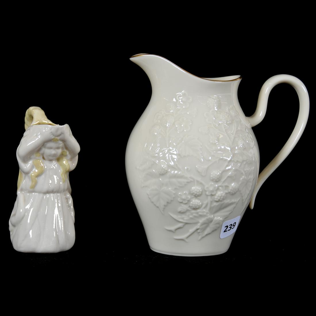Irish Belleek & Lenox Pitchers: Irish Belleek & Lenox Pitchers Including (1) 6.5" Lenox Blackberry Pitcher; (1) 5" Irish Belleek Green Mark Maiden Creamer