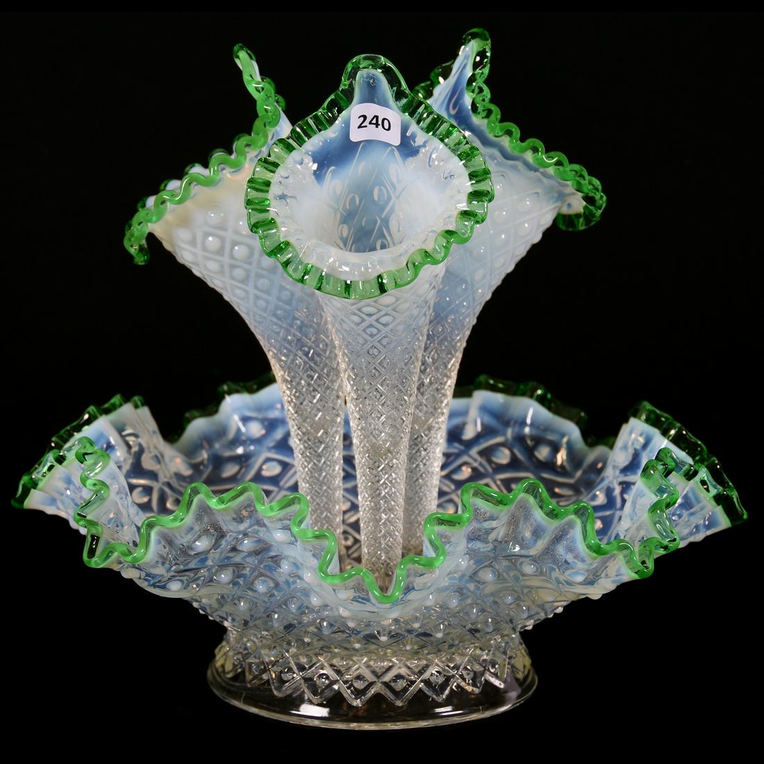 Clear Opalescent Three Lily Epergne: Clear Opalescent Three Lily Epergne, 11" X 12" Green Applied Trim, Lattice and Hobnail Design