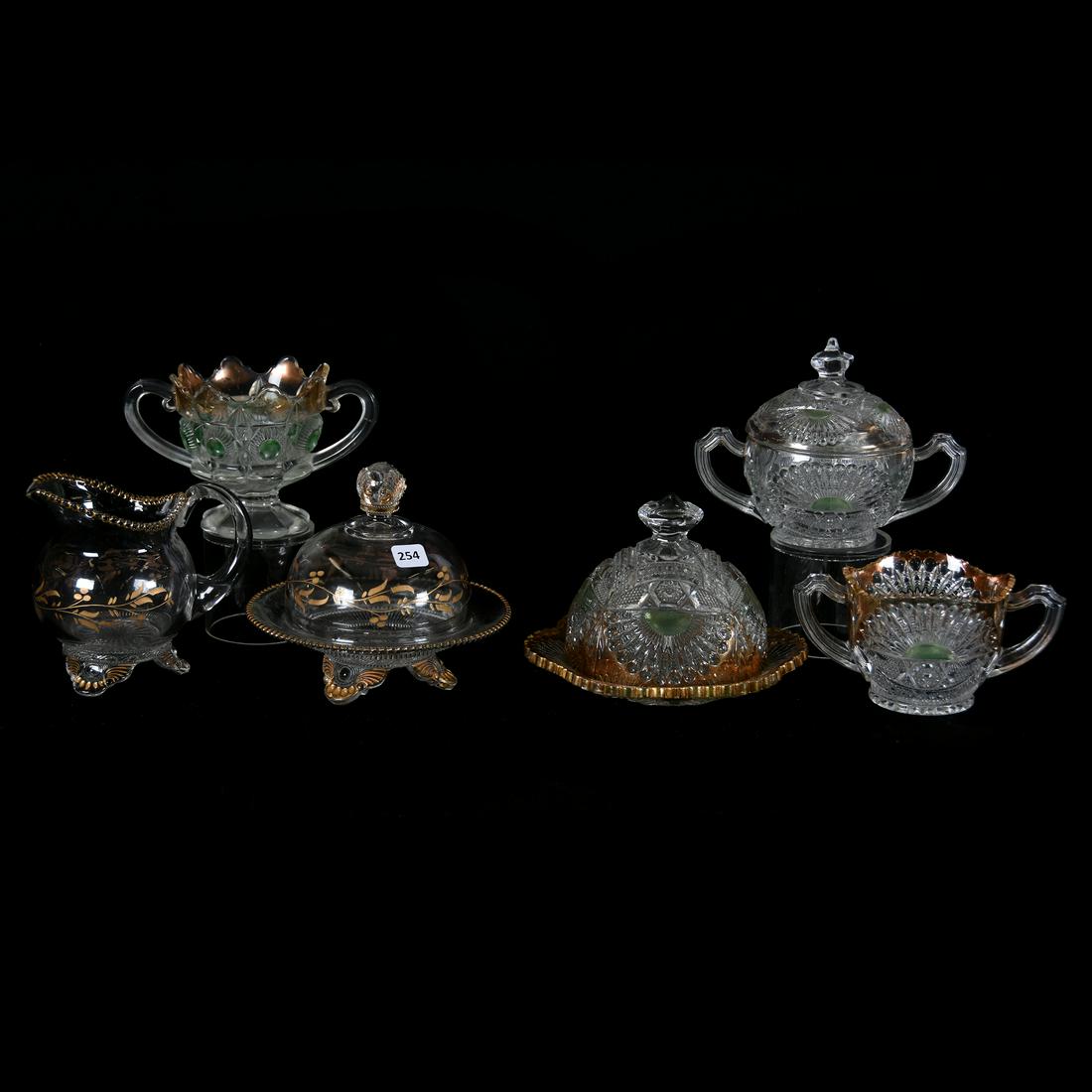 (6) Pattern Glass Items: (6) Pattern Glass Items Including (1) Table Set with Matching Butter Dish, Creamer & Sugar, Green and Gold Highlights, (1) Butter Dish and (1) Creamer with Gold Engraved Highlights, (1) Pedestal Spoon