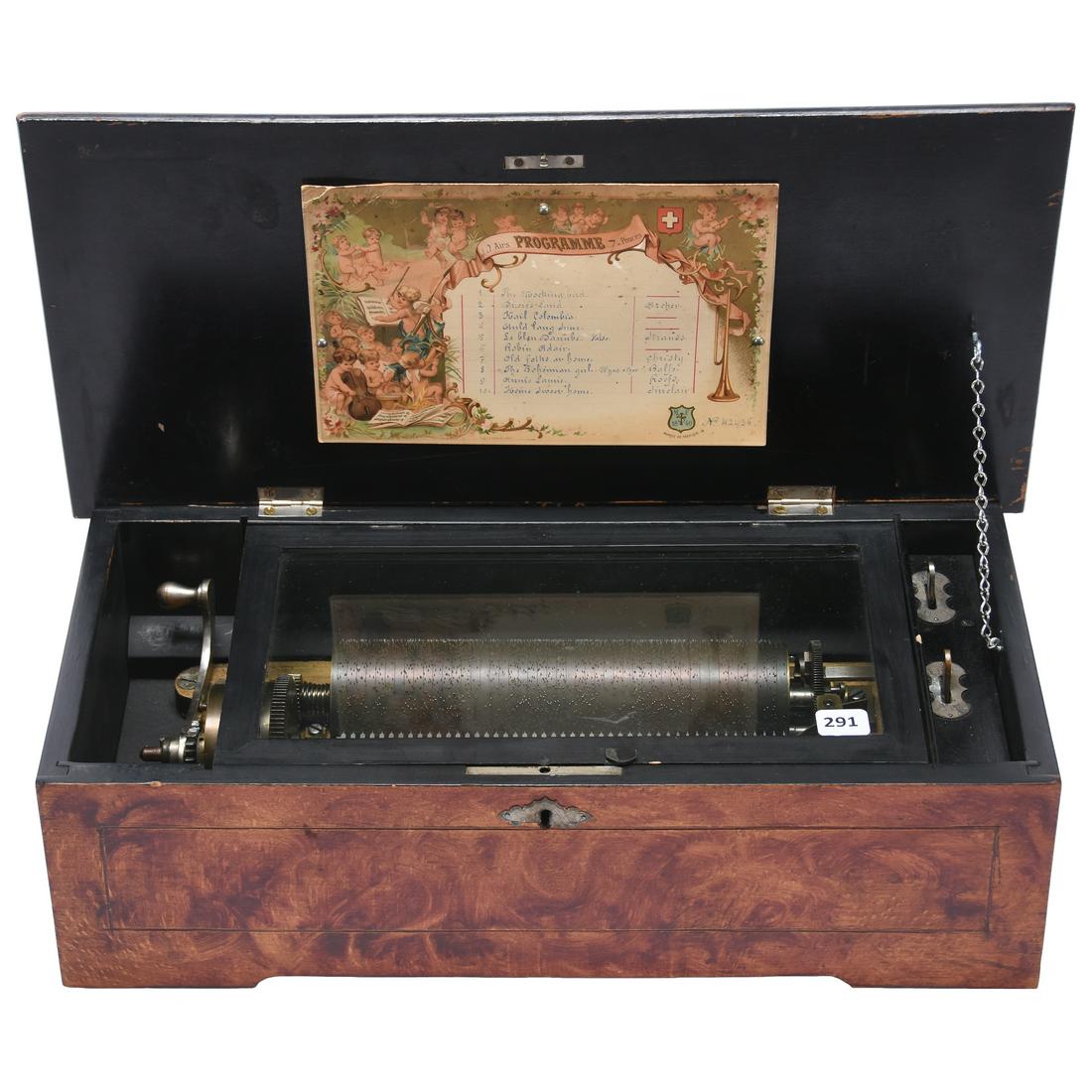 Swiss 8" Cylinder Music Box: Swiss 8" Cylinder Music Box, 5.5" X 18" X 8.5" Burl & Ebony Case, Very Nice Sound